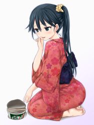 Rule 34 | 10s, 1girl, :p, asymmetrical hair, bad id, bad pixiv id, barefoot, black hair, blue bow, blue eyes, blue hair, blush, bow, chopsticks, commentary request, cup ramen, donbee (food), donbei kitsune udon, eyebrows, feet, feet together, floral print, full body, hair ornament, hair scrunchie, highres, houshou (kancolle), instant udon, japanese clothes, kantai collection, kimono, legs together, licking, licking finger, long hair, long sleeves, matching hair/eyes, nijimotohiro k, nissin donbei, obi, sash, scrunchie, seiza, side ponytail, simple background, sitting, sleeves past elbows, soles, solo, toes, tongue, tongue out, very long hair, white background, wide sleeves