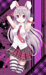 Rule 34 | 1girl, animal ears, armpits, arms up, blush, cross, female focus, ikeda yuuki, long hair, md5 mismatch, necktie, plaid, plaid skirt, rabbit ears, red eyes, red necktie, reisen udongein inaba, resolution mismatch, shirt, silver hair, skirt, sleeveless, sleeveless shirt, solo, source smaller, striped clothes, striped thighhighs, thighhighs, tongue, tongue out, touhou, white shirt