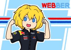 Rule 34 | 1girl, :d, alice margatroid, black shirt, blonde hair, blue background, blue eyes, blush, breasts, buttons, clenched hands, collared shirt, commentary request, cookie (touhou), cosplay, flexing, hair between eyes, looking at viewer, mark webber (racer), mark webber (racer) (cosplay), medium bangs, mgrm ysnr, name connection, open mouth, outline, real life, red bull, renault, shirt, short hair, short sleeves, small breasts, smile, solo, t-shirt, touhou, upper body, v-shaped eyebrows, web (cookie), white outline
