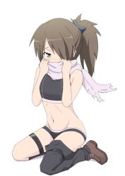 Rule 34 | 10s, 1girl, aqua eyes, bare shoulders, blush, brown hair, gobanme no mayoi neko, hair ornament, hands on own face, highres, holding, kazama levy, kneeling, long hair, looking at viewer, midriff, navel, ponytail, scarf, scarf over mouth, simple background, sitting, solo, sports bra, thigh strap, toned, trinity seven, wariza, white background