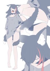 Rule 34 | 1girl, animal ear fluff, animal ears, ass, barefoot, black hair, closed eyes, clothes lift, collarbone, drooling, fang, full body, head down, highres, hololive, hololive gamers, legs, medium hair, multicolored hair, multiple views, no pants, ookami mio, open mouth, panties, panty pull, red hair, scratching leg, shirt, shirt lift, standing, streaked hair, suzuushi, tail, tail around own leg, tail wrap, tears, underwear, virtual youtuber, white panties, wolf ears, wolf girl, wolf tail, yawning
