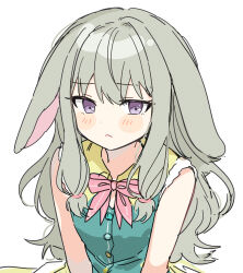 Rule 34 | 1girl, animal ears, blush, bow, bowtie, buttons, closed mouth, embarrassed, floppy ears, frown, green hair, green vest, highres, kusanagi nene, long hair, looking at viewer, low-tied sidelocks, pink bow, pink bowtie, pjmiyo, project sekai, purple eyes, rabbit ears, sidelocks, simple background, solo, upper body, vest, white background