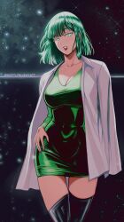 Rule 34 | 1girl, black thighhighs, breasts, cleavage, comic, dress, female focus, fubuki (one-punch man), green dress, green eyes, green hair, hand on own hip, highres, jacket, large breasts, lips, matching hair/eyes, mostlybluewyatt, one-punch man, open clothes, open jacket, skin tight, skindentation, smile, solo, thighhighs, thighs, wavy hair
