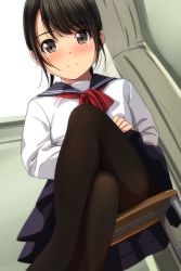 Rule 34 | 1girl, absurdres, black hair, black pantyhose, blue sailor collar, blue skirt, blush, brown eyes, chair, closed mouth, crossed legs, curtains, dutch angle, feet out of frame, highres, indoors, long sleeves, looking at viewer, matsunaga kouyou, no shoes, nose blush, on chair, original, pantyhose, pleated skirt, red neckwear, sailor collar, school chair, school uniform, serafuku, shirt, sitting, skirt, smile, solo, white shirt, window