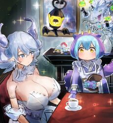 Rule 34 | 2girls, blue hair, breasts, cleavage, coffee mug, cup, demon horns, detached collar, dragon, grey eyes, hatano kiyoshi, highres, horns, knight (yu-gi-oh!), large breasts, laundry dragonmaid, lovely labrynth of the silver castle, mug, multiple girls, tagme, white hair, yellow eyes, yu-gi-oh!