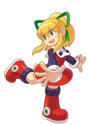 Rule 34 | 1girl, blonde hair, dress, full body, green eyes, hashtag-only commentary, hi-go!, high ponytail, long hair, mega man (classic), mega man (series), red dress, red footwear, roll (mega man), simple background, solo, standing, standing on one leg, white background
