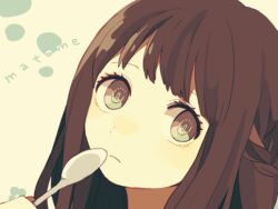 Rule 34 | 1girl, braid, brown eyes, brown hair, close-up, closed mouth, collarbone, eyelashes, holding, holding spoon, long hair, looking at viewer, maco22, original, ringed eyes, romaji text, signature, solo, spoon, translation request