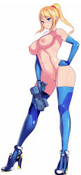 Rule 34 | 1girl, bikini, blonde hair, blue eyes, blue thighhighs, booster-yoshy3, boots, breasts, contrapposto, elbow gloves, female focus, female pubic hair, gloves, gun, hand on own hip, high heels, high ponytail, highleg, highleg bikini, highres, large breasts, legs, long hair, metroid, nintendo, nipples, nude, pubic hair, pussy, samus aran, simple background, solo, super smash bros., swimsuit, thigh boots, thighhighs, thighs, uncensored, weapon, wide hips, zero suit