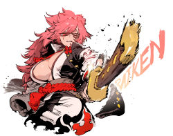 Rule 34 | 1girl, amputee, baiken, breasts, character name, cleavage, eyepatch, facial mark, guilty gear, guilty gear strive, hair between eyes, hair over one eye, highres, huge breasts, japanese clothes, katana, kimono, large breasts, long hair, pink hair, ponytail, red eyes, rope, rope belt, sash, scar, scar across eye, scar on face, sheath, sheathed, simple background, solo, ssambatea, sword, upper body, weapon, white background
