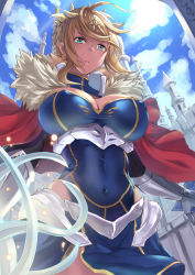 Rule 34 | a-na, artoria pendragon (fate), artoria pendragon (lancer) (fate), blonde hair, braid, breasts, cape, cleavage, covered navel, crown, fate/grand order, fate (series), french braid, from below, fur-trimmed cape, fur trim, heattech leotard, highres, large breasts, red cape, sidelocks, swept bangs, turtleneck