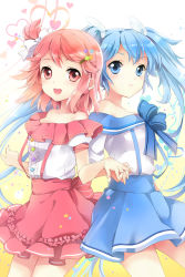 Rule 34 | 2girls, bad id, bad pixiv id, bare shoulders, blue eyes, blue hair, bow, frills, hair ornament, hairclip, holding hands, heart, long hair, mca (dessert candy), multiple girls, pink eyes, pink hair, ribbon, short hair, side ponytail, skirt, smile, sword girls, twintails