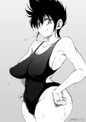 Rule 34 | 1girl, artist name, ass, bouncing breasts, breasts, camekirin, hands on own hips, honoo no toukyuuji: dodge danpei, huge ass, ichigeki haruka, large breasts, looking at viewer, mature female, medium hair, monochrome, one-piece swimsuit, pubic hair, smile, solo, swimsuit, wide hips