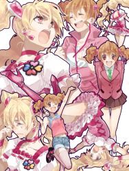 Rule 34 | 00s, 1girl, blonde hair, bow, costume chart, cure peach, fresh precure!, hair ornament, heart, heart hair ornament, magical girl, momozono love, multiple persona, multiple views, nakagawa waka, pink bow, precure, short twintails, twintails, white background