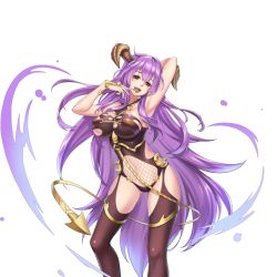 Rule 34 | 1girl, arm up, armpits, breasts, demon girl, finger to mouth, fishnets, floating hair, horns, large breasts, legs, long hair, looking at viewer, naughty face, open mouth, purple hair, red eyes, sacred sword princesses, solo, standing, tail, thighhighs, thighs, transparent background, very long hair