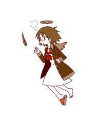 Rule 34 | 1girl, :o, barefoot, black eyes, blush, body blush, breath, brown coat, brown hair, brown wings, clenched hand, clog sandals, coat, collared coat, dress, feathered wings, feathers, flying, from side, full body, haibane renmei, hair between eyes, halo, hands up, index finger raised, leg up, long sleeves, looking away, medium dress, mill tread, neckerchief, no nose, nose blush, open clothes, open coat, parted lips, rakka (haibane), red footwear, red neckerchief, red sailor collar, sailor collar, sailor dress, sandals, short hair, simple background, single sandal, sleeve cuffs, solo, tareme, white background, white dress, wing collar, wings