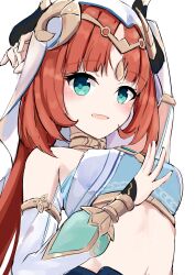 Rule 34 | 1girl, :d, arm up, blue eyes, circlet, crop top, day mello, detached sleeves, genshin impact, highres, long hair, long sleeves, midriff, nilou (genshin impact), open mouth, red hair, sketch, smile, solo, upper body, veil, white background, white sleeves