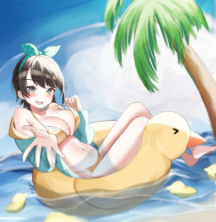 Rule 34 | 1girl, absurdres, aqua eyes, bad id, bad pixiv id, bare shoulders, barefoot, bikini, blush, breasts, cleavage, foreshortening, from side, highres, hololive, hood, hoodie, inflatable duck, innertube, large breasts, looking at viewer, misa (64649324), navel, oozora subaru, oozora subaru (hololive summer 2019), open clothes, open hoodie, open mouth, palm tree, reaching, reaching towards viewer, short hair, smile, solo, strap pull, striped bikini, striped clothes, swept bangs, swim ring, swimsuit, thighs, tree, virtual youtuber, water
