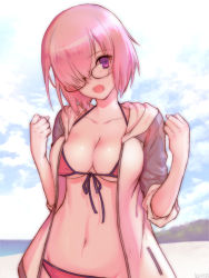 Rule 34 | 1girl, alternate costume, artist name, beach, bikini, breasts, cowboy shot, fate/grand order, fate (series), glasses, hair over one eye, jacket, looking to the side, mash kyrielight, medium breasts, navel, open clothes, open jacket, open mouth, p-kana, pink bikini, pink hair, purple eyes, short hair, solo, swimsuit