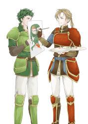 Rule 34 | 2boys, absurdres, armor, artist name, belt, blonde hair, brown eyes, closed mouth, commentary request, fire emblem, fire emblem: the sacred stones, forde (fire emblem), green eyes, green hair, highres, kyle (fire emblem), low ponytail, medium hair, midori no baku, multiple boys, nintendo, painting (action), painting (object), short hair, simple background, smile, standing, syrene (fire emblem), white background