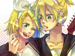 Rule 34 | 1boy, 1girl, bad id, bad pixiv id, blonde hair, brother and sister, green eyes, guitar, hair ornament, hair ribbon, hairclip, headphones, headset, instrument, kagamine len, kagamine rin, one eye closed, ribbon, short hair, siblings, smile, twins, vocaloid, wink, yamako (state of children)