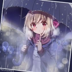 Rule 34 | 1girl, alternate costume, artist name, black jacket, blonde hair, blush, breath, chilia012, closed mouth, commentary request, finger to own chin, hair ribbon, highres, holding, holding umbrella, index finger raised, jacket, long sleeves, looking at viewer, name tag, open clothes, open jacket, photo (object), purple eyes, purple scarf, rain, red ribbon, ribbon, rumia, scarf, shirt, short hair, solo, touhou, umbrella, upper body, water, white shirt