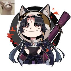 Rule 34 | 1girl, animal ear fluff, animal hood, arknights, black hair, cat, cat hood, chibi, closed mouth, commentary request, eyes visible through hair, facial mark, forehead, forehead mark, highres, hood, hood up, hoodie, japanese clothes, meme, nanoru/shai, photo inset, pixiv username, pop cat (meme), saga (arknights), simple background, smile, solo, white background