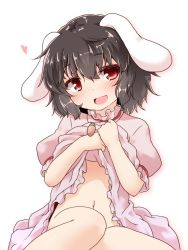 Rule 34 | 1girl, animal ears, black hair, blush, clothes lift, dress, dress lift, heart, inaba tewi, jewelry, natsu no koucha, navel, no panties, open mouth, pendant, rabbit ears, red eyes, short hair, solo, touhou, white background