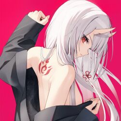 Rule 34 | 1girl, alternate costume, back tattoo, bare shoulders, black jacket, breasts, commentary request, highres, hololive, horns, jacket, long hair, looking at viewer, nakiri ayame, off shoulder, oni, parted lips, pink background, red eyes, sideways glance, sideways mouth, simple background, skin-covered horns, small breasts, solo, tattoo, thomas 8000, upper body, virtual youtuber, white hair