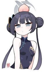 Rule 34 | 1girl, bare shoulders, black dress, black hair, blue archive, braid, breasts, butterfly hair ornament, china dress, chinese clothes, closed mouth, commentary, cropped torso, double bun, dress, food, food on body, fruit, hair bun, hair ornament, halo, highres, junsuina fujunbutsu, kisaki (blue archive), long hair, looking at viewer, peach, simple background, sleeveless, sleeveless dress, small breasts, solo, twintails, upper body, very long hair, white background