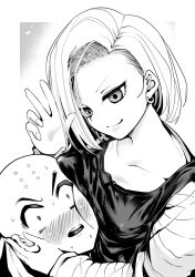 Rule 34 | &gt;:), 1boy, 1girl, accidental pervert, android 18, bald, black shirt, blush, breast press, breasts, closed mouth, collarbone, commentary request, couple, dragon ball, dragonball z, earrings, embarrassed, eyelashes, face to breasts, fingernails, hair over one eye, hand on another&#039;s cheek, hand on another&#039;s face, head tilt, hetero, highres, hoop earrings, hug, jewelry, kuririn, lips, long sleeves, looking at another, medium breasts, medium hair, monochrome, open mouth, sawada kou, shirt, simple background, smile, straight hair, sweat, teeth, upper teeth only, v-shaped eyebrows, w, white background, white sleeves, wide-eyed