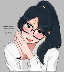 Rule 34 | black eyes, black hair, blush, earrings, english text, glasses, grey background, hair behind ear, head tilt, heart, jewelry, long hair, looking at viewer, ohasi, original, own hands together, parted bangs, portrait, shirt, tongue, tongue out, white shirt