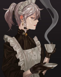 Rule 34 | 1girl, alternate costume, alternate hairstyle, apron, black bow, black choker, black dress, black gloves, blue eyes, bow, braid, buttons, choker, coffee, commentary request, cross, cross earrings, cup, dress, drink, earrings, from side, gem, gloves, grey apron, grey background, grey hair, hair between eyes, hair bow, hands up, highres, izayoi sakuya, jewelry, long sleeves, looking at viewer, maid, maid headdress, open mouth, plate, ponytail, reki (user rcrd4534), short hair, short ponytail, simple background, single braid, sleeves rolled up, solo, steam, sweat, sweatdrop, teeth, touhou, upper body