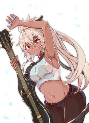 Rule 34 | 1girl, absurdres, ahoge, alternate costume, alternate hairstyle, arm up, armpits, black pants, blue shirt, breasts, commentary request, dark-skinned female, dark skin, dutch angle, frown, granblue fantasy, grey hair, guitar, hair between eyes, highres, holding, holding instrument, instrument, ipon17, large breasts, long hair, midriff, navel, pants, ponytail, red eyes, shirt, sleeveless, sleeveless shirt, solo, two-tone shirt, very long hair, white background, white shirt, zooey (granblue fantasy)