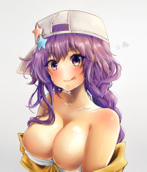 Rule 34 | 1girl, :p, backwards hat, bad id, bad pixiv id, bandeau, bare shoulders, baseball cap, bb (fate), bb (fate) (all), bb (swimsuit mooncancer) (fate), bb (swimsuit mooncancer) (first ascension) (fate), bikini, blush, braid, breasts, collarbone, commentary request, fate/grand order, fate (series), grey background, hair ornament, hat, heart, highres, jacket, large breasts, long hair, looking at viewer, off shoulder, purple eyes, purple hair, shiny skin, simple background, smile, solo, star (symbol), star hair ornament, strapless, strapless bikini, swimsuit, tongue, tongue out, upper body, white bikini, white hat, yellow jacket, yuma (yuuma pants)
