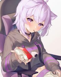 Rule 34 | 1girl, ahoge, animal ear fluff, animal ears, black collar, black hoodie, blush, box, breasts, cat ears, chair, collar, commentary, food, food in mouth, gaming chair, highres, hiyorou, holding, holding box, hololive, hood, hood down, hoodie, large breasts, long sleeves, looking at viewer, midriff peek, mouth hold, navel, nekomata okayu, nekomata okayu (1st costume), pocky, purple eyes, purple hair, short hair, sleeves past wrists, solo, swivel chair, symbol-only commentary, virtual youtuber