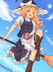 Rule 34 | 1girl, apron, black hat, black skirt, black vest, blue sky, blush, boots, bow, breasts, broom, broom riding, brown footwear, buttons, cloud, cloudy sky, commentary request, eyes visible through hair, flying, frills, grey shirt, hair bow, hand up, hat, hat bow, highres, kirisame marisa, long hair, looking at viewer, medium breasts, mini-hakkero, ocean, open mouth, orange eyes, orange hair, puffy short sleeves, puffy sleeves, roke (taikodon), shirt, short sleeves, sitting, skirt, sky, smile, solo, star (symbol), teeth, tongue, touhou, vest, water, white apron, white bow, witch hat, yin yang