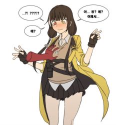 Rule 34 | 1girl, artist request, blush, grabbing another&#039;s breast, breasts, confused, fingerless gloves, girls&#039; frontline, gloves, grabbing, heterochromia, jacket, open clothes, open jacket, ro635 (girls&#039; frontline), skirt, translated, twintails