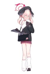 Rule 34 | &lt;|&gt; &lt;|&gt;, 1girl, absurdres, beret, black hat, black wings, blue archive, blush, full-face blush, halo, hat, head wings, highres, koharu (blue archive), looking back, loose socks, low wings, miniskirt, patanda, pink hair, sailor collar, skirt, sleeves past wrists, socks, solo, twintails, white background, white sailor collar, winged hat, wings