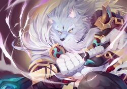 Rule 34 | 1boy, absurdres, armor, bandaged hand, bandages, bara, closed mouth, colored sclera, commentary, furry, furry male, highres, holding, holding staff, holding weapon, law (sdorica), looking ahead, male focus, sdorica, solo, staff, weapon, wind, wolf boy, yed (yedsilent), yellow eyes, yellow sclera