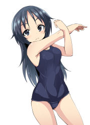 10s 1girl bare_shoulders black_eyes black_hair black_one-piece_swimsuit blush breasts commentary_request covered_navel cowboy_shot dutch_angle female_focus freckles girls_und_panzer highres long_hair looking_at_viewer medium_breasts miyao_ryuu one-piece_swimsuit school_swimsuit solo standing straight_hair stretching swimsuit white_background yamagou_ayumi