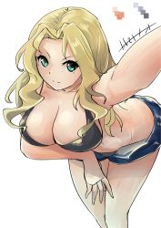 Rule 34 | 1girl, artist name, bent over, bikini, black bikini, blonde hair, blue eyes, blue shorts, breast hold, breasts, butt crack, cleavage, closed mouth, color guide, commentary, cowboy shot, girls und panzer, hair intakes, highres, kakimoto nao, kay (girls und panzer), large breasts, long hair, looking at viewer, navel, one-hour drawing challenge, open fly, selfie, short shorts, shorts, signature, simple background, smile, solo, standing, swimsuit, v-shaped eyebrows, white background