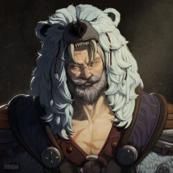 Rule 34 | 1boy, absurdres, animal ears, animal hat, artist name, bear ears, bear hat, beard, commentary, commission, dough (doughnath), english commentary, facial hair, fur trim, grey eyes, grey hair, hat, highres, male focus, mustache, player character (wow), portrait, scar, scar on chest, signature, solo, thick mustache, warcraft, world of warcraft