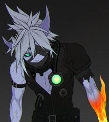 Rule 34 | 1boy, armor, bare pectorals, bare shoulders, belt, belt buckle, black background, black sclera, buckle, cloud strife, colored sclera, colored skin, corruption, eyepatch, eyes visible through hair, film grain, final fantasy, final fantasy vii, glowing, glowing arm, green eyes, grey hair, grey skin, horns, kiki lala, looking at viewer, male focus, mask, lava, mouth mask, pauldrons, pectorals, purple horns, shoulder armor, simple background, single bare shoulder, single pauldron, slit pupils, solo, spiked hair, square enix, torn, torn clothes, tube