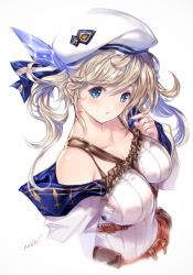 Rule 34 | 10s, 1girl, bare shoulders, beret, between breasts, blue eyes, breasts, collarbone, cucouroux (granblue fantasy), detached sleeves, granblue fantasy, hair ribbon, hat, long hair, medium breasts, min-naraken, parted lips, ribbon, skirt, solo, twintails, upper body, wavy hair
