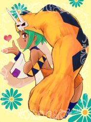 Rule 34 | 1girl, ass, bellaraika, blowing kiss, breasts, cerebella (skullgirls), detached collar, flower, flower print, from side, green hair, grey hair, hand up, hanging breasts, heart, highres, large breasts, leaning forward, skullgirls, solo, vice-versa (skullgirls), yellow background