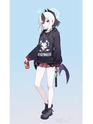 Rule 34 | 1girl, absurdres, black hair, black hoodie, black horns, blue archive, blue background, blue footwear, bwcloud, can, commentary request, earclip, earphones, full body, gun, halo, handgun, highres, holding, holding can, holding gun, holding weapon, hood, hood down, hoodie, horns, kayoko (blue archive), long sleeves, looking at viewer, multicolored hair, notice lines, pink skirt, plaid, plaid skirt, pleated skirt, ponytail, purple wings, red eyes, shoes, single wing, skirt, solo, standing, two-tone hair, weapon, white hair, white halo, wings