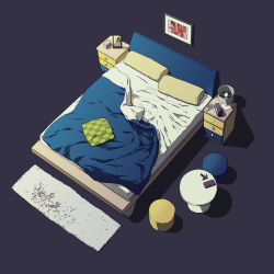 Rule 34 | alarm clock, bad id, bad pixiv id, bed, bed sheet, bedroom, box, chair, checkered pillow, clock, commentary request, dark background, desk lamp, fish.boy, from above, highres, indoors, key, lamp, magazine (object), night, no humans, notebook, original, painting (object), phone, photo (object), picture frame, pillow, room, simple background, still life, table