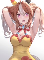 Rule 34 | 1girl, absurdres, ahoge, animal ears, armpits, arms up, breasts, cleavage, commentary request, copano rickey (umamusume), double bun, fang, hair bun, highres, horse ears, horse girl, horse tail, looking at viewer, medium breasts, medium hair, purple eyes, simple background, solo, tail, umamusume, white background, yami anko