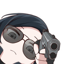 Rule 34 | 1girl, aiming, aiming at viewer, black-framed eyewear, black gloves, black hair, call of duty, call of duty: black ops cold war, call of duty: mobile, call of duty: warzone, close-up, closed mouth, commentary, fingerless gloves, frown, gloves, grey eyes, grey jacket, gun, gun pointing at viewer, handgun, helen a. park, holding, holding gun, holding weapon, jacket, looking at viewer, looking down, m1911, meme, narchiart, short hair, simple background, smug, solo, sunglasses, tinted eyewear, weapon, white background