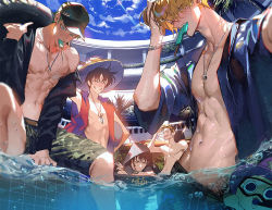 Rule 34 | 6+boys, ^ ^, abs, arm up, ball, bare arms, bare pectorals, baseball cap, black hair, black jacket, blonde hair, blue shirt, blue sky, body fur, brown fur, camouflage, camouflage male swimwear, closed eyes, closed mouth, collared shirt, day, diving mask, eyes visible through hair, facial scar, facing viewer, fisheye, food, food in mouth, furry, furry male, goggles, goggles on head, green eyes, green hair, green male swimwear, green swim trunks, grin, hand on headwear, hand on own head, hat, hood, hood up, jacket, jewelry, lips, long hair, long nose, long sleeves, looking at viewer, male focus, male swimwear, monkey d. luffy, mouth hold, multiple boys, navel, navel piercing, nipples, one piece, open clothes, open jacket, open shirt, open vest, outdoors, partially submerged, pectorals, pendant, piercing, pool, popsicle, print male swimwear, print swim trunks, red vest, roronoa zoro, runa (nori31291404), sanji (one piece), scar, scar on cheek, scar on chest, scar on face, shirt, short hair, sitting, sky, smile, snorkel, spread legs, stomach, straw hat, submerged, swim trunks, swimsuit, toned, toned male, tony tony chopper, topless male, trafalgar law, usopp, vest, water, wet